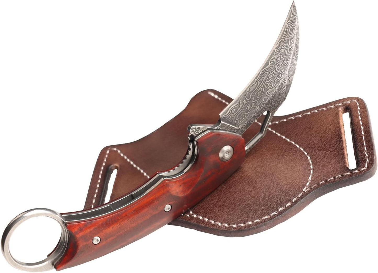 MASALONG VG 10 Damascus folding claw knife, natural sandalwood handle+exquisite leather case kni261