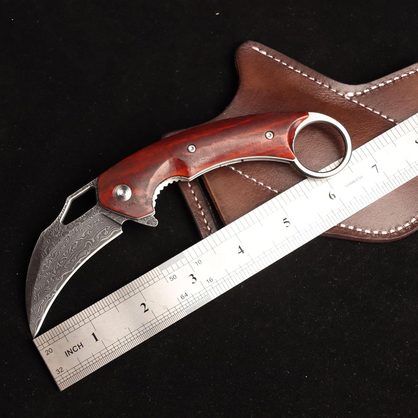 Cuchillo plegable de garra de Damasco MASALONG VG 10, mango de sándalo natural + estuche de cuero exquisito kni261