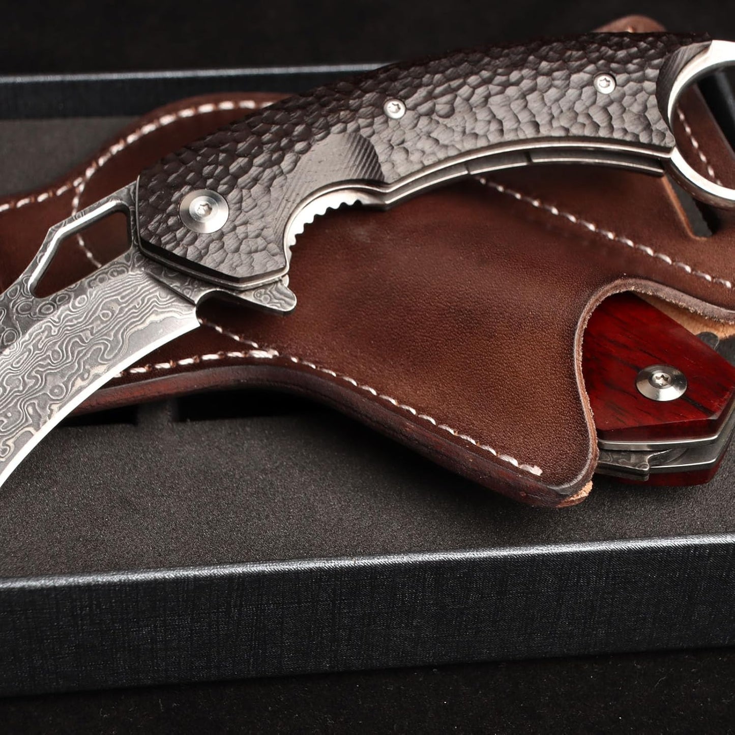 MASALONG VG 10 Damascus folding claw knife, natural sandalwood handle+exquisite leather case kni261