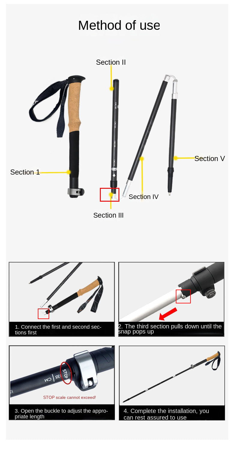 MA-QLM-008 Folding hiking stick with cork handle and carbon fiber metal buckle for ultra light hiking