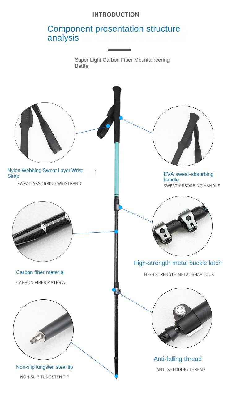 MA-QLM-010 Carbon fiber hiking stick with large metal buckle, suitable for hiking in snowy mountains, with a flexible straight handle and light weight