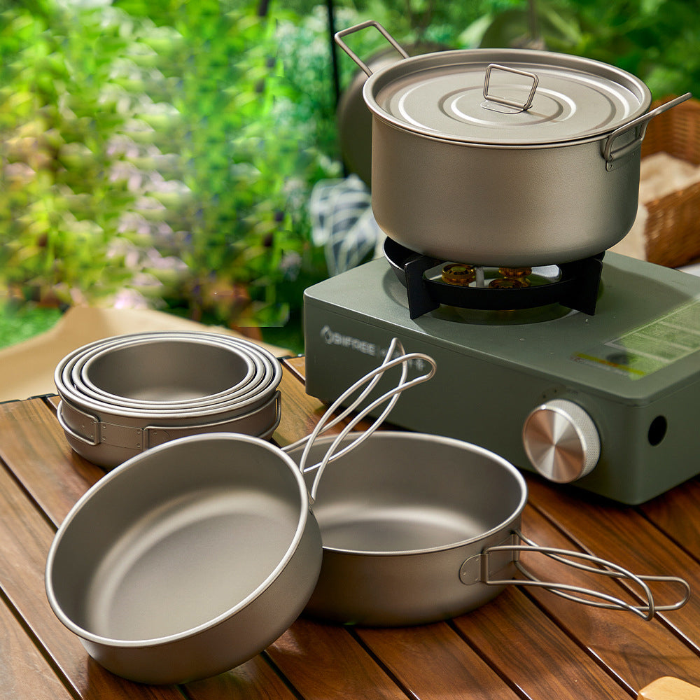 Pure titanium outdoor pot set,MA-XXT-021 frying pan, picnic camping combination tableware, foldable lightweight portable soup pot, frying pan set