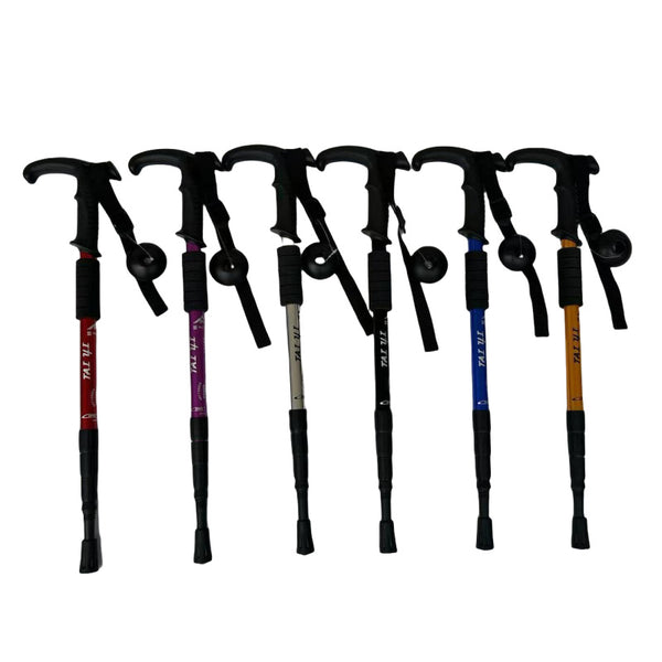 MA-YJ-007 Camping aluminum alloy shock absorber T-handle hiking cane, walking stick, outdoor hiking travel supplies factory