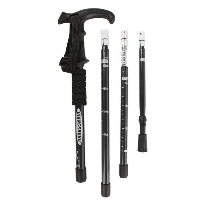 MA-YJ-007 Camping aluminum alloy shock absorber T-handle hiking cane, walking stick, outdoor hiking travel supplies factory