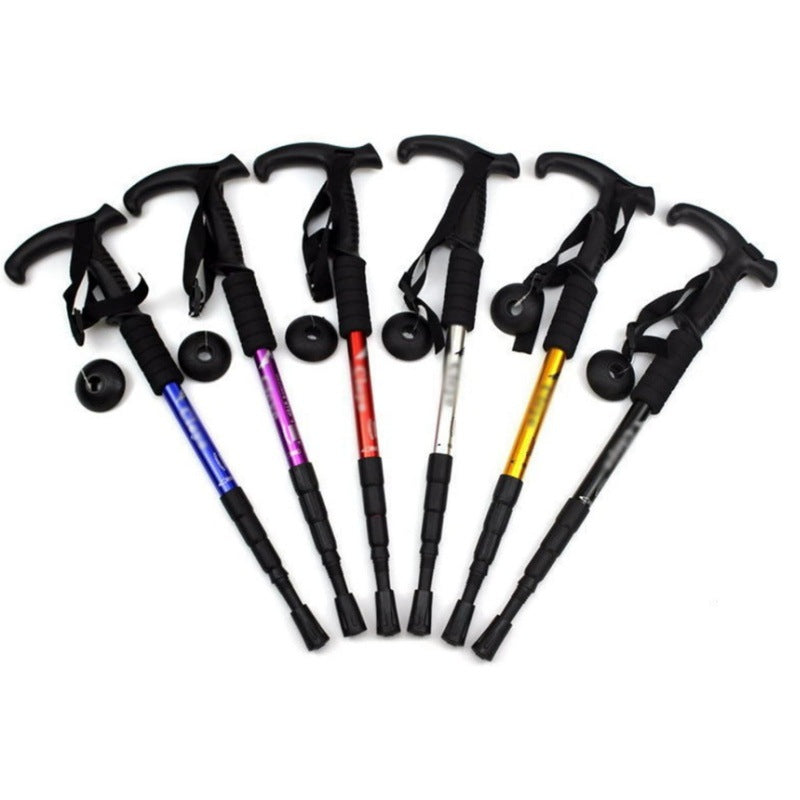 MA-YJ-007 Camping aluminum alloy shock absorber T-handle hiking cane, walking stick, outdoor hiking travel supplies factory