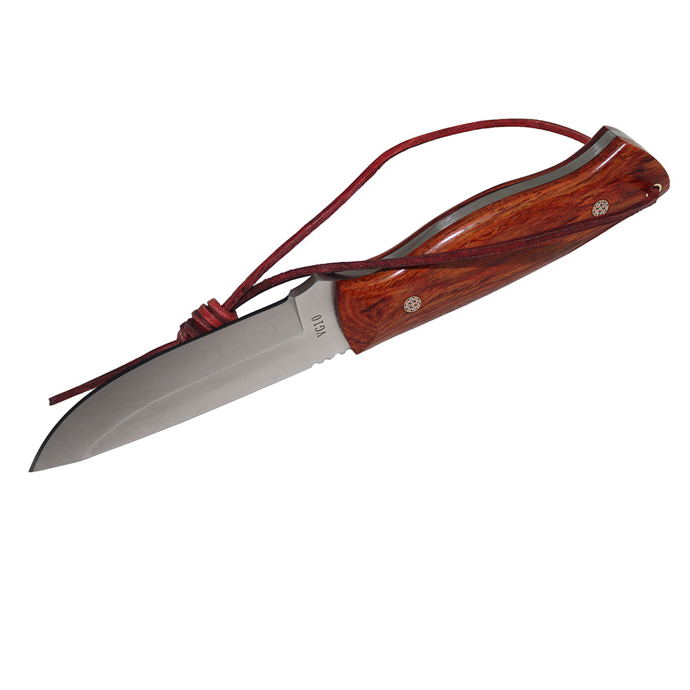 MASALONG Outdoor hunting camping straight knife kni196, ultra-hard VG10 steel blade, rosewood handle, carved tanned leather