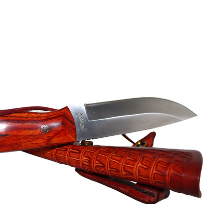 MASALONG Outdoor hunting camping straight knife kni196, ultra-hard VG10 steel blade, rosewood handle, carved tanned leather