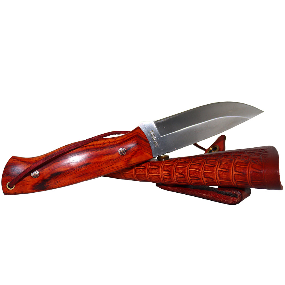 MASALONG Outdoor hunting camping straight knife kni196, ultra-hard VG10 steel blade, rosewood handle, carved tanned leather