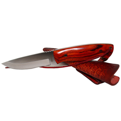 MASALONG Outdoor hunting camping straight knife kni196, ultra-hard VG10 steel blade, rosewood handle, carved tanned leather