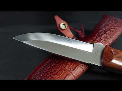 MASALONG Outdoor hunting camping straight knife kni196, ultra-hard VG10 steel blade, rosewood handle, carved tanned leather