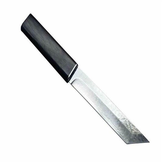 MASALONG Kni128 Cuchillo recto de caza y acampada con mango de madera de ébano afilado y corto de Damasco negro samurái 