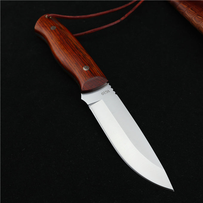 MASALONG Outdoor hunting camping straight knife kni196, ultra-hard VG10 steel blade, rosewood handle, carved tanned leather